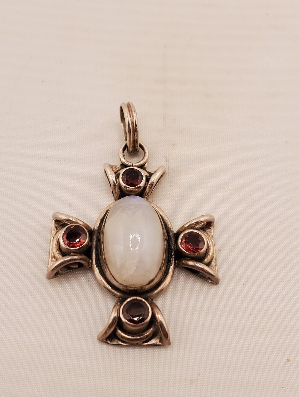 Sterling Monnstone Garnet Maltese Cross Pendant